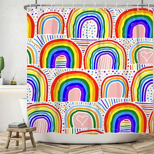 YTITILUCK Bunter Regenbogen-Duschvorhang, Boho-Karton-Badevorhänge mit Haken für Kinderbadezimmer-Dekor, B x L: 150 x 223 cm, Badezimmer-Duschvorhang von YTITILUCK