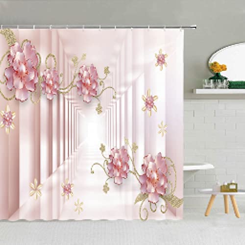 YTITILUCK Chinesischer Stil Luxus Blume Rosa Duschvorhang Polyestergewebe Badvorhänge mit Haken Badezimmer 3D-Druck Vorhang 120x200cm (BxL) Stall-Duschvorhang von YTITILUCK