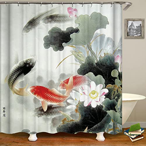 YTITILUCK Duschvorhang im chinesischen Stil, wasserdicht, Badvorhänge, Lotus, Koi, 3D-Druck, Badezimmer-Tuch mit Haken, 110 x 210 cm (B x L), Lange Duschvorhänge von YTITILUCK