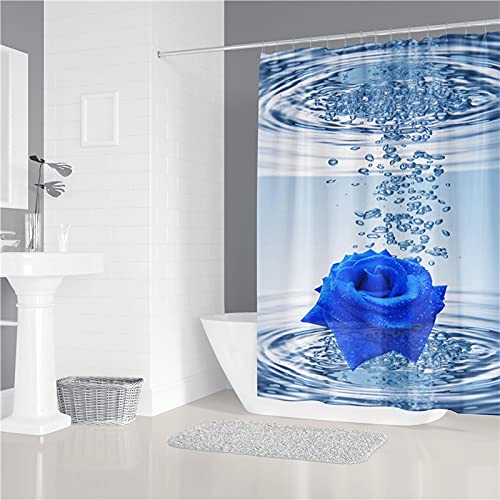 YTITILUCK Duschvorhang mit 3D-Blau-Rosen-Print, Badezimmer-Badewand, Stoff, Blumenvorhang mit 12 Haken, Wohnkultur, 130 x 140 cm (B x L), Bad-Duschvorhang von YTITILUCK