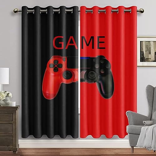 YTITILUCK Gamer-Vorhänge für Jungen, Schlafzimmer, Gaming-Raumdekoration, Schwarze und rote Fenstervorhänge, Videospiel-Vorhänge, 2 x 160 x 107 cm (H x B). von YTITILUCK