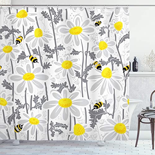 YTITILUCK Gelb WhiteBees Gänseblümchen Blumen Duschvorhang Honigblätter Natur Blümchen Stoff Badezimmer Dekor Set mit Haken 180x150cm (BxL) Bad-Duschvorhang von YTITILUCK