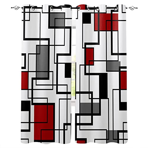 YTITILUCK Geometrie Quadrate Muster Moderne Kunst Schwarz Rot Schlafzimmer Vorhänge Moderne Wohnzimmer Dekor Fenster Vorhänge 2xH240xB132cm Fenstervorhänge von YTITILUCK