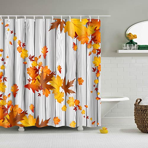 YTITILUCK Herbst-Duschvorhang Herbst-Ahornblätter auf rustikalem Holzstoff Badezimmer-Dekor-Vorhang wasserdicht mit Haken 175 x 210 cm (B x L) Langer Duschvorhang von YTITILUCK