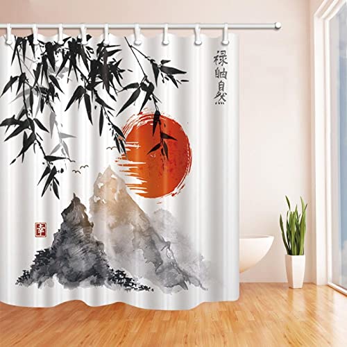 YTITILUCK Japanische Duschvorhänge Bambusbäume Rote Sonne und Berge Badevorhang Polyestergewebe Badezimmervorhang Dekor 100x170cm (BxL) Badezimmer-Duschvorhang von YTITILUCK