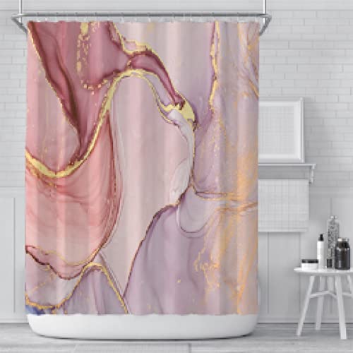 YTITILUCK Luxuriöser moderner Marmor bedruckter wasserdichter Duschvorhang Pink Gold Purple Gradient Duschvorhänge mit Haken 3D-Badezimmer-Trennwand 220 x 200 cm (B x L) Stall-Duschvorhang von YTITILUCK
