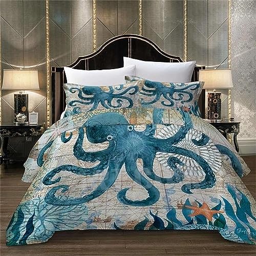 YTITILUCK Ocean Octopus Bettbezug-Set, Bettwäsche, Meerestiere, mediterranes Design, Seestern, Trösterbezug, 135 x 200 cm, Bettwäsche-Set von YTITILUCK