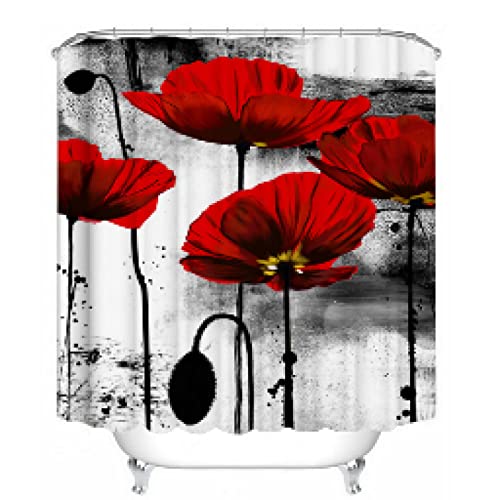 YTITILUCK Rote Blume Duschvorhänge Tintenart Frühlingsblumen Badezimmer Art Decor Wasserdichter Stoff Duschvorhang Set 130x230cm (BxH) Extralanger Duschvorhang von YTITILUCK