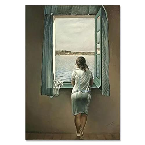 YTITILUCK Salvador Dali Frau am Fenster Leinwand Gemälde Poster und Drucke Wandkunst Bilder für Wohnzimmer Ästhetik Dekor 70x100cm(28x40in) Innenrahmen von YTITILUCK