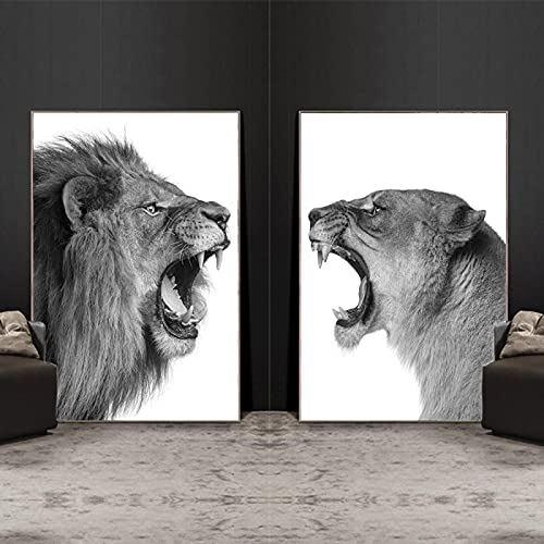 YTITILUCK Schwarz-Weiß-Löwenpaare auf Leinwand, Wandkunst, Poster und Drucke, afrikanischer Wildtierkopf, dekorative Bilder, 60 x 80 cm (24 x 32 Zoll) x 2 Innenrahmen von YTITILUCK