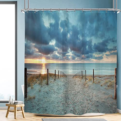 YTITILUCK Strand-Duschvorhang, Tropische Palmen am Meer, Duschvorhang, Sonnenuntergang, Küste, Blauer Himmel, Vorhänge für Badezimmer, BxL: 140 x 175 cm, Stall-Duschvorhang von YTITILUCK