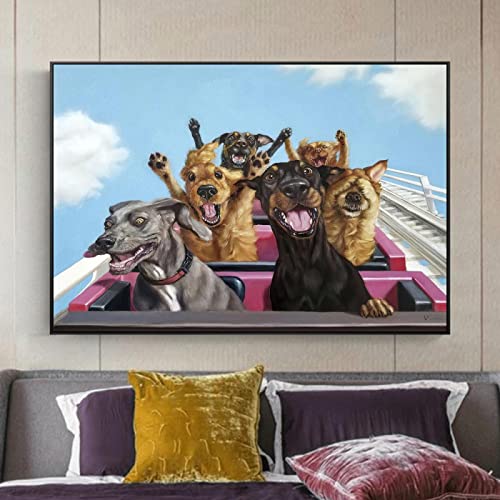 YTITILUCK Wandbilder mit RahmenLustiger Hund Familie Spielen Achterbahn Wandbild Retro Poster Tier Leinwand Gemälde Für Kinderzimmer Dekor 50x75cm(20x30in) Innenrahmen von YTITILUCK