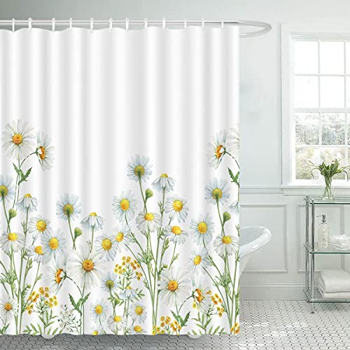 YTITILUCK Weiße Gänseblümchen-Blumen-Duschvorhänge, rustikale Frühlingsblumen, Pflanzen, Badvorhang, modernes, Schlichtes Stoff-Badezimmer-Dekor-Set, 200 x 230 cm (B x L), extra Langer Duschvorhang von YTITILUCK