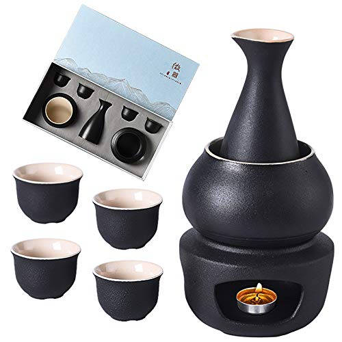 7er Pack Sake Cup Set, Traditionellen Keramik Japanischen Stil Sake-Servierset, Sake Aufbewahrung Geschenkbox, einschließlich 4 Weingläsern, Heiztisch, Flachmann, Warm Pot Bowl (schwarz) von YTLEMON