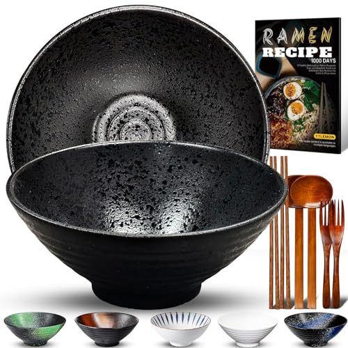 9.4Zoll Keramik Ramen Schüssel 2 Set(9 Teilig) - Japanisches Porzellan Geschirr mit Gabel Essstäbchen Löffel und Rezepte Spülmaschinenfest für Nudeln Suppen Getreide Salate Geschenke für neuen Häusern von YTLEMON