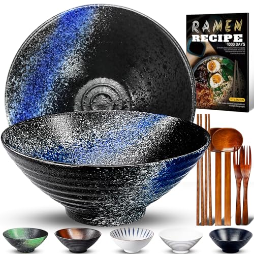 9.4Zoll Keramik Ramen Schüssel 2 Set(9 Teilig) - Japanisches Porzellan Geschirr mit Gabel Essstäbchen Löffel und Rezepte Spülmaschinenfest für Nudeln Suppen Getreide Salate Geschenke für neuen Häusern von YTLEMON
