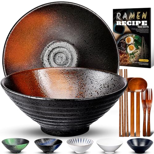 9.4Zoll Keramik Ramen Schüssel 2 Set(9 Teilig) - Japanisches Porzellan Geschirr mit Gabel Essstäbchen Löffel und Rezepte Spülmaschinenfest für Nudeln Suppen Getreide Salate Geschenke für neuen Häusern von YTLEMON