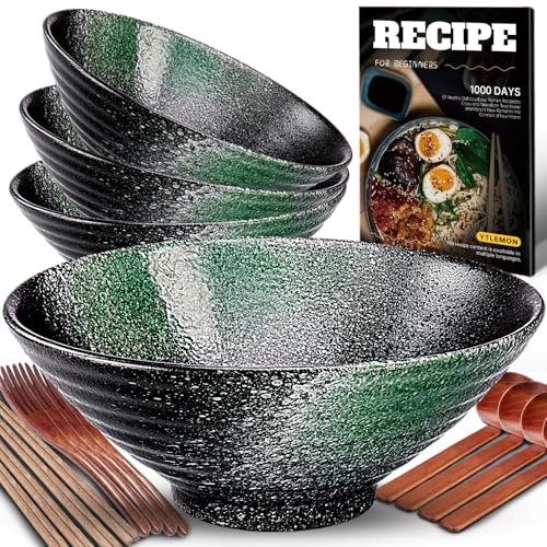 9.4Zoll Keramik Ramen Schüssel 4 Set(17Teilig) - Japanisches Porzellan Geschirr mit Gabel Essstäbchen Löffel und Rezepte Spülmaschinenfest für Nudeln Suppen Getreide Salate Geschenke für neuen Häusern von YTLEMON