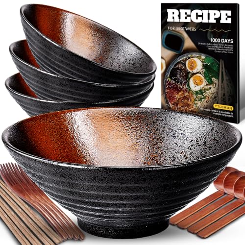 9.4Zoll Keramik Ramen Schüssel 4 Set(17Teilig) - Japanisches Porzellan Geschirr mit Gabel Essstäbchen Löffel und Rezepte Spülmaschinenfest für Nudeln Suppen Getreide Salate Geschenke für neuen Häusern von YTLEMON