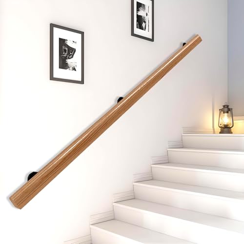 Holz Handläufe für Innen Treppen, Massivholz Dekor Treppengelander, Rutschfester Wandhandlauf Geländer mit Halter montage Set, Barrierefreie Treppen Haltegriff mit Halter (holzfarbe, 80cm) von YTLEMON
