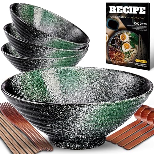 8 Zoll Keramik Ramen Schüssel 4 Set(17-Teilig) - Japanisches Porzellan Geschirr mit Gabel Essstäbchen Löffel und Rezepte Spülmaschinenfest für Nudeln Suppen Getreide Salate Geschenke für neuen Häusern von YTLEMON