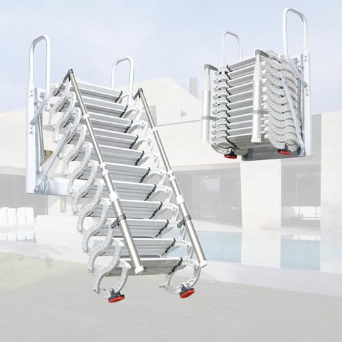 Wand montierte Dachbodentreppe, rutschfeste Herunterziehbare Dachbodenleiter mit Handläufen, Teleskopierbare Decken Loft Leiter, 12 Stufen Dachbodenstufen Innen Außen (weiß, 2.7-3.2m) von YTLEMON