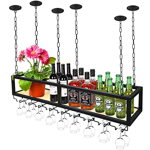 YTLEMON Deckenregal Weinregal, Höhenverstellbar Hängende Metall Weinregal, Industrieller Deckenregal Hängeregal mit Gläserhalter und Regal, Weinglashalter, für küche, Weinkeller, Bar (60cm) von YTLEMON