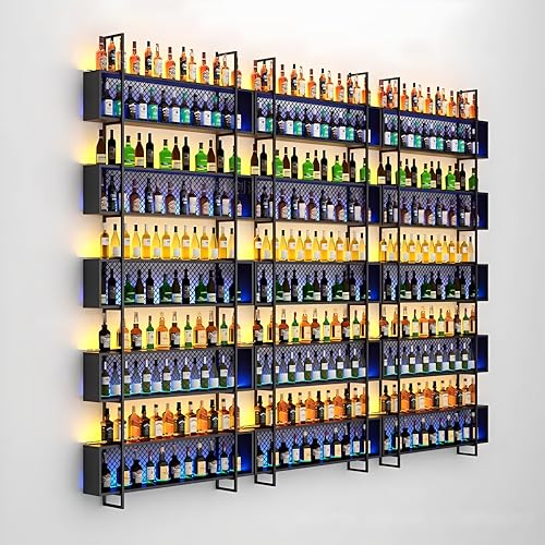 YTLEMON Großes Weinregal mit LED-Beleuchtung, Industriedesign, 277x150x25 cm, Schwarz, Wandmontage, 120 Flaschen (10 Ebenen) von YTLEMON