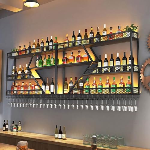 YTLEMON Industrielles Weinregal zur Wandmontage mit Glashalter, Beleuchtetes Flaschenregal für Bar, Metall-Weinhalter mit LED (3-200cm) von YTLEMON