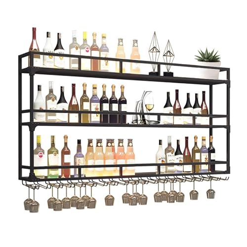 YTLEMON Wandmontiertes Weinregal mit 3 Ebenen, Flaschenhalter mit Glasaufhängung, LED-Beleuchtung, Industriedesign, Schwarz (180CM) von YTLEMON