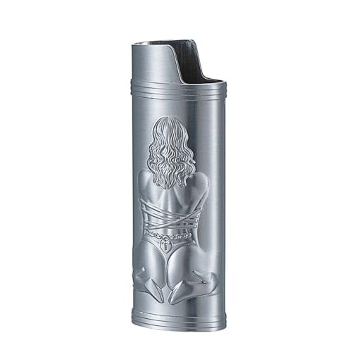 Feuerzeughülle für BIC J6, Metallpanzer-Feuerzeugabdeckung, sexy Göttin 3D-Relief (Silber) von YTMY