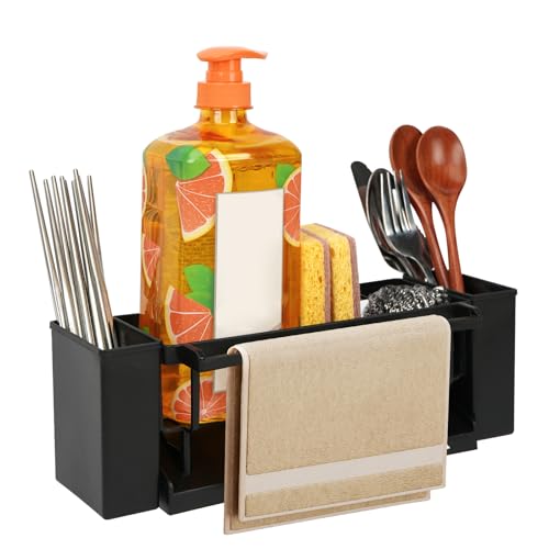 YTOPRO 3-in-1 Spülbecken Organizer schwarz mit Küchenutensilien Aufbewahrung, Spüllappenhalter, Küchen Organizer Spüle Sink Organizer aus Kunststoff Spülorganizer Sink für Küche Spülschwamm von YTOPRO