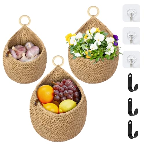 YTOPRO Obstkorb Hängend 3 Wandkorb mit Haken Obstkorb und Holzringgriff Wand Hängekorb Obst Fruit Basket Hängekorb handgewebt Baumwollseil Gemüsekorb Pflanzkorb Dekorativer Hängekörbchen für Küche von YTOPRO