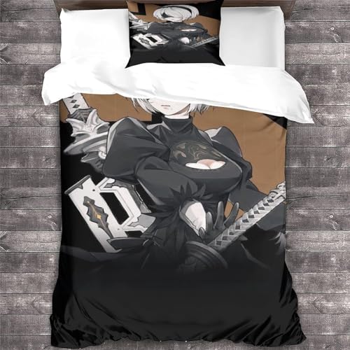 YTPONBCSTUG 2B 3D Print Muster Kinder Bettbezug Nier Automata Bettbezug Und Zwei Kissenbezug，3D Nier Automata Digital Print，Mikrofaser Mit Reißverschluss Set Single（135x200cm） von YTPONBCSTUG