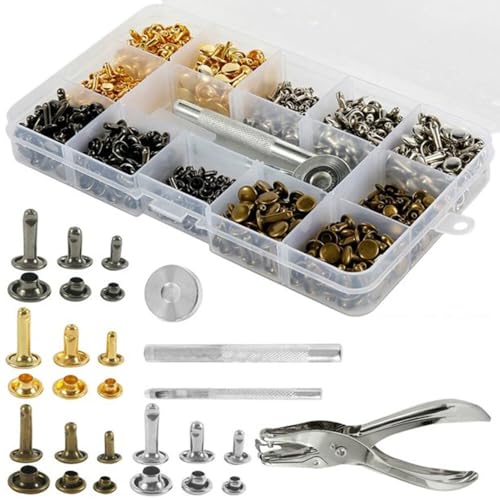360-teiliges Leder-Nieten-Set, Doppelkopf-Nieten, Metall-Ösen, 1 Größe, mit Lochzange und 3 Montage-Werkzeugen 360-teiliges Leder-Nieten-Set, Doppelkopf-Nieten, Metall-Ösen, 1 Größe, mit Lochzange und 3 Montage-Werkzeugen von YTRRE