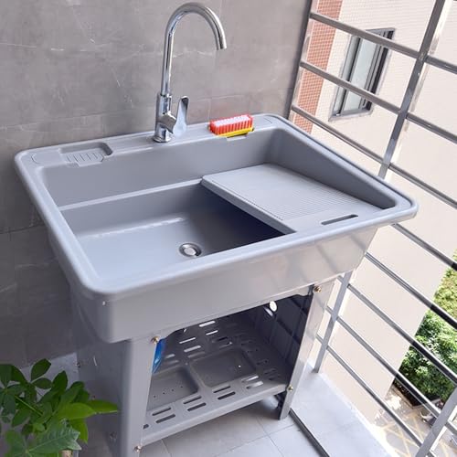Mobiles Waschbecken,Freistehende Outdoor Spüle,Spültisch,Ausgussbecken Waschtrog Kunststoff,Waschwanne mit Waschbrett,Spülbecken Küche,Tragbares Handwaschstation,für Waschküche,Camping(Gray,68x58x80cm von YTSJXN
