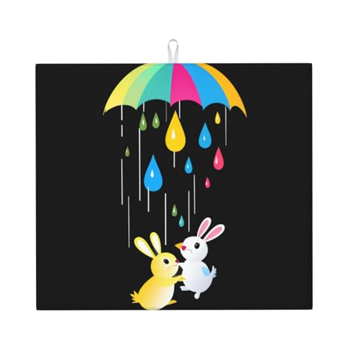 Abtropfmatte für Küche, YTUOPWE kleines weißes Kaninchen unter einem Regenschirm, sehr saugfähig, wendbar und stilvolle Küchenarbeitsplatte von YTUOPWE