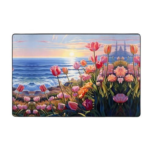 YTUOPWE Flanell-Teppich mit Tulpen am Meer, 152,4 x 99,1 cm, Bodenmatte für Wohnzimmer, Büro, Couchtisch, Bett, Balkon von YTUOPWE