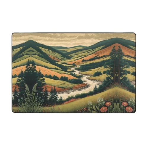 YTUOPWE Flanellstoff-Teppich mit Waldgebirge, Fluss, 152,4 x 99,1 cm, Bodenmatte für Wohnzimmer, Büro, Couchtisch, Bett, Balkon von YTUOPWE