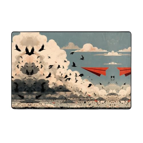 YTUOPWE Papierteppich mit Flugzeugen und Vögeln, Flanellstoff, 152,4 x 99,1 cm, Bodenmatte für Wohnzimmer, Büro, Couchtisch, Bett, Balkon von YTUOPWE