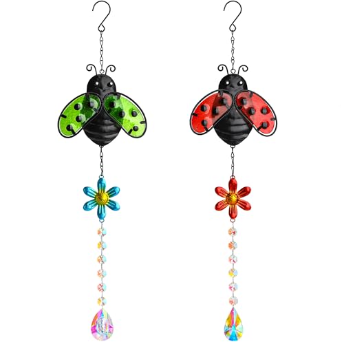 48,3 cm Kristall-Sonnenfänger-Set für den Garten, 2 Buntglas-Marienkäfer, zum Aufhängen an Fenster, Kristallprismen, Sonnenfänger für den Außenbereich, Regenbogenmacher (Rot und Grün) von YU FENG