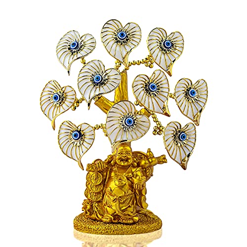 Blauer böser Blick-Geldbaum mit bemalter goldener Buddha-Statue, weiße künstliche Blumen, Heimbüro-Schutz, Dekoration, Feng Shui-Ornament von YU FENG
