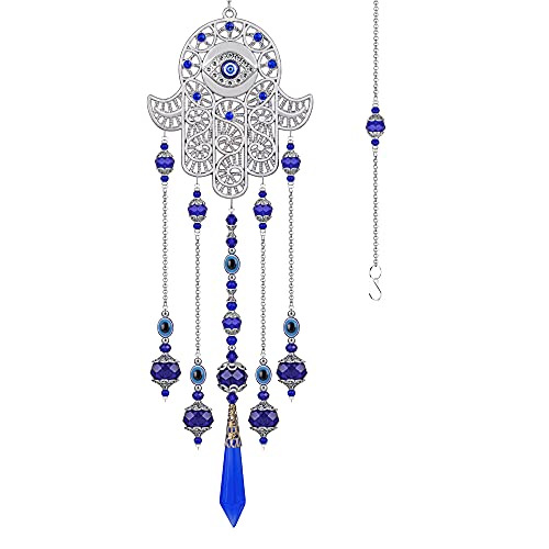 Kristallprisma Sonnenfänger Ornament mit Hamsa Fatima Hand Schutz Charm Türkisch Griechisch Blau Böser Blick Saphir Kristalle Perlen für Fenster hängende Dekoration von YU FENG