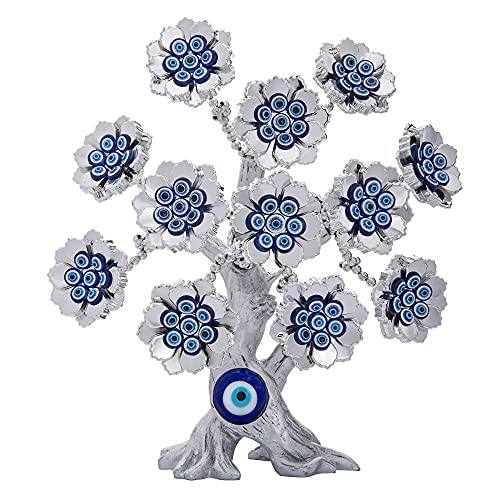 YU FENG Silber-weiße Blumen Baum mit türkisch-blauen bösen Blicken, Amulett, Tischdekoration, Dekoration für Zuhause, Büro, Dekoration, Schutz, Geschenk von YU FENG