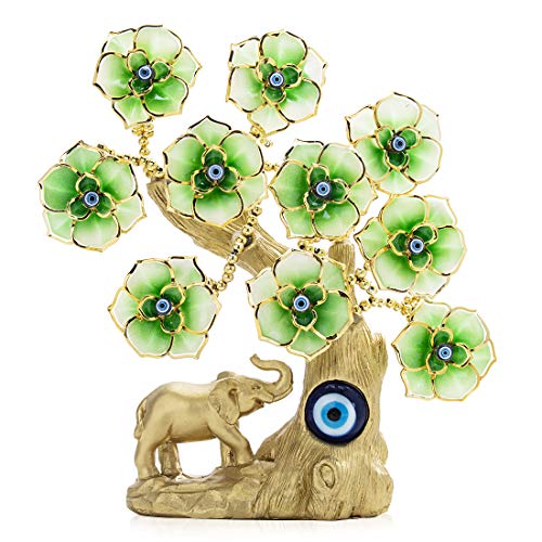 YU FENG Türkischer blauer böser Blick, goldener Glücksbaum mit Elefantenfigur und grünen Blumen für Heimdekoration von YU FENG