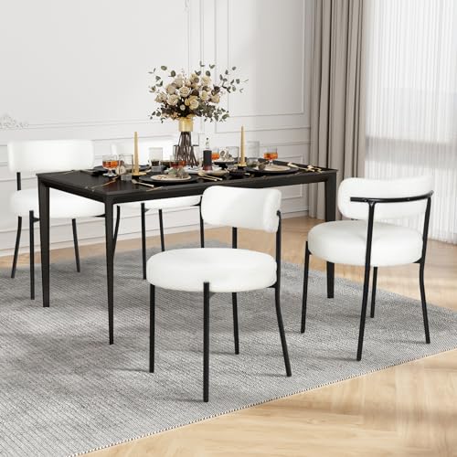 YU YUSING 4er Set Esszimmerstühle mit Rückenlehnen Teddystoff, Polsterstühle Küchenstühle Stühle Esszimmer 4er Set mit Metallbeinen, für Küche Wohnzimmer Schlafzimmer, Modern Retro Design, Weiß von YU YUSING