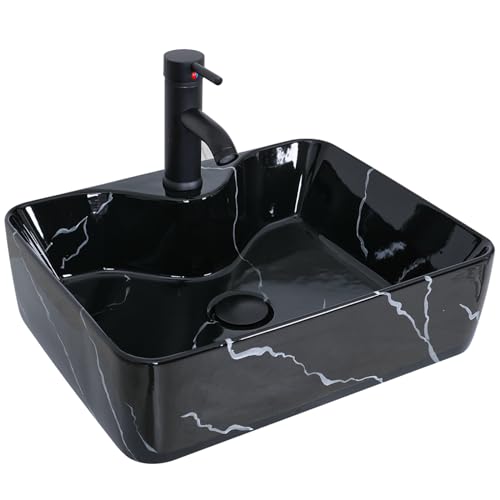 YU YUSING Aufsatzwaschbecken Keramik Waschbecken Bad Waschtisch, Rechteckig Handwaschbecken Waschschale mit Wasserhahn Set, Waschplätze für Badezimmer Küche Gäste WC, Schwarz, 48 x 38 x 13.5 cm von YU YUSING