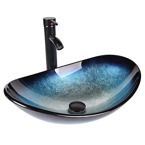 YU YUSING Aufsatzwaschbecken Waschbecken Glas Waschtisch, Oval Hand Waschschale mit Wasserhahn Set, Waschplätze für Badezimmer Küche Gäste WC, Modern Blau, 53 x 35 x 16 cm von YU YUSING