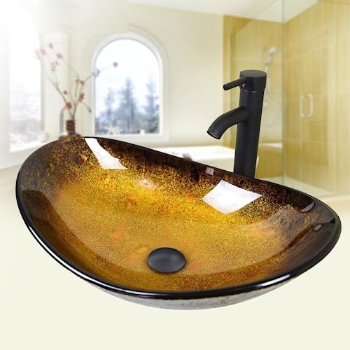 YU YUSING Aufsatzwaschbecken Waschbecken Glas Waschtisch, Oval Hand Waschschale mit Wasserhahn Set, Waschplätze für Badezimmer Küche Gäste WC, Modern Golden, 53 x 35 x 16 cm von YU YUSING