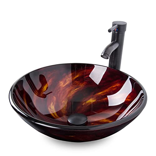 YU YUSING Aufsatzwaschbecken Waschbecken Glas Waschtisch, Oval Hand Waschschale mit Wasserhahn Set, Waschplätze für Badezimmer Küche Gäste WC, Modern Rot Braun, 42 x 42 x 14 cm von YU YUSING